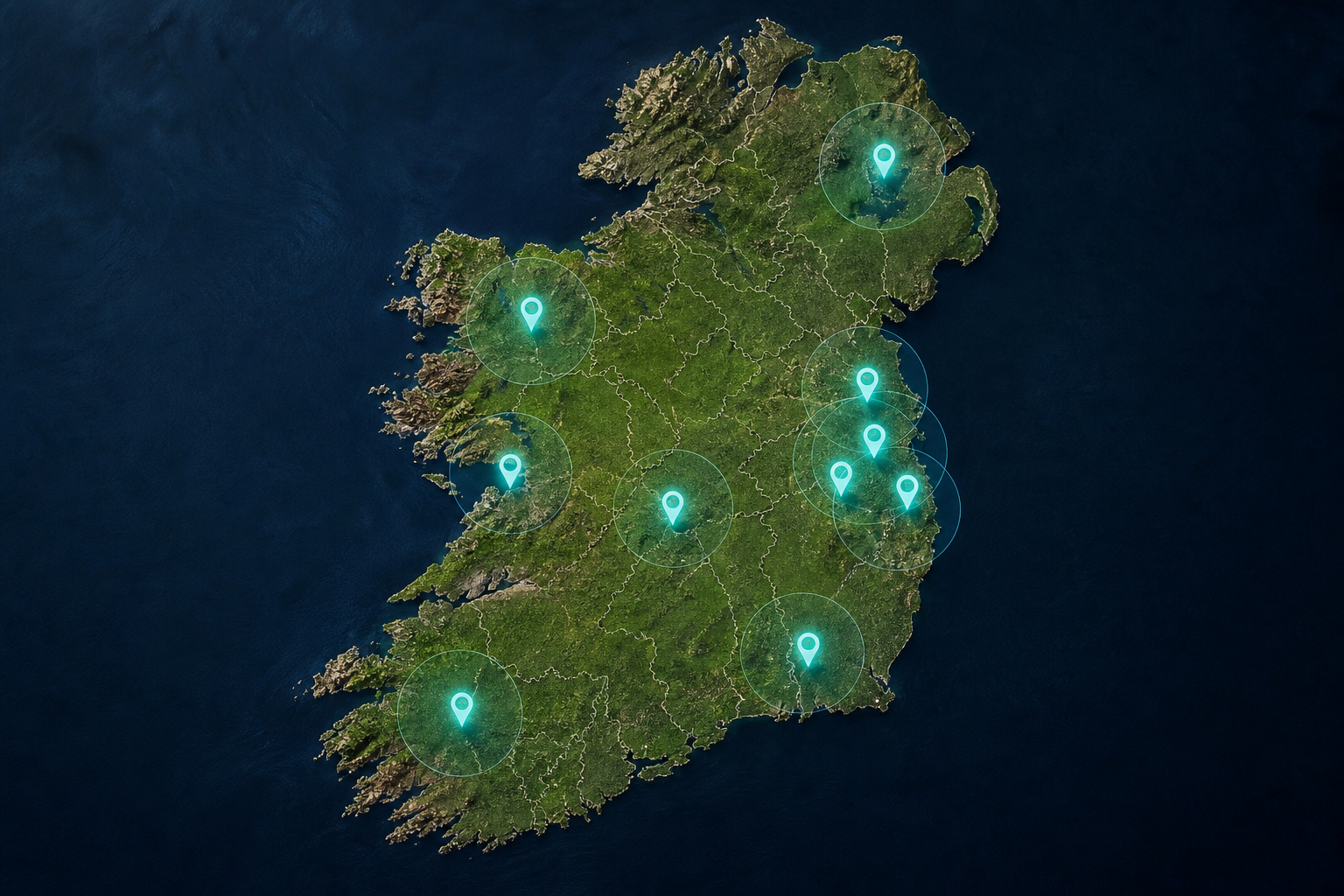 Map of Ireland with county boundaries marked and location pins clustered around Dublin, Cork and Galway representing multi-location targeting zones