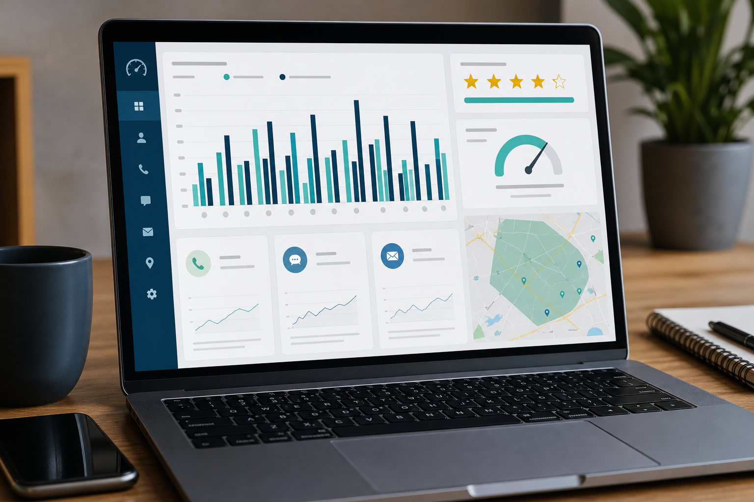 Analytics dashboard on a laptop screen showing local services ad lead volume, review ratings and response time metrics for a home services business