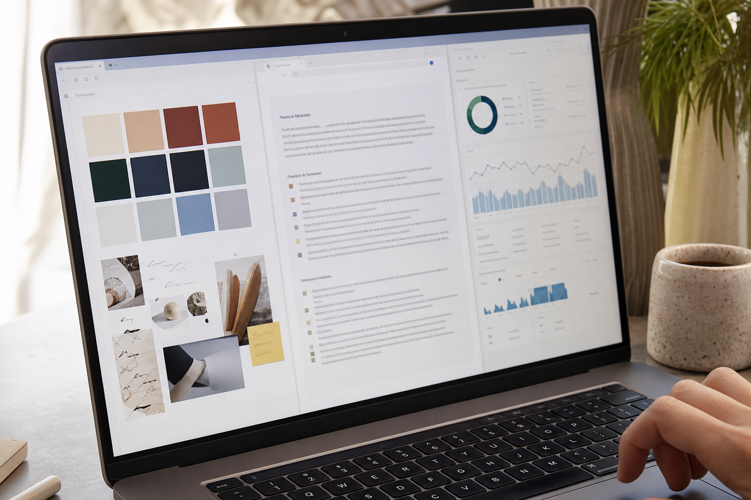 A person uses a laptop displaying design palettes, charts, graphs, and documents, with a coffee mug and plant nearby on a desk.