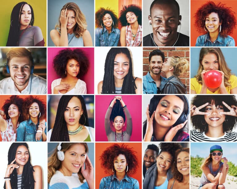 A collage of diverse young adults smiling, laughing, and posing against colorful backgrounds—perfect for advertising Ireland small business—with solo portraits, pairs, groups, and fun activities like listening to music and blowing a balloon.