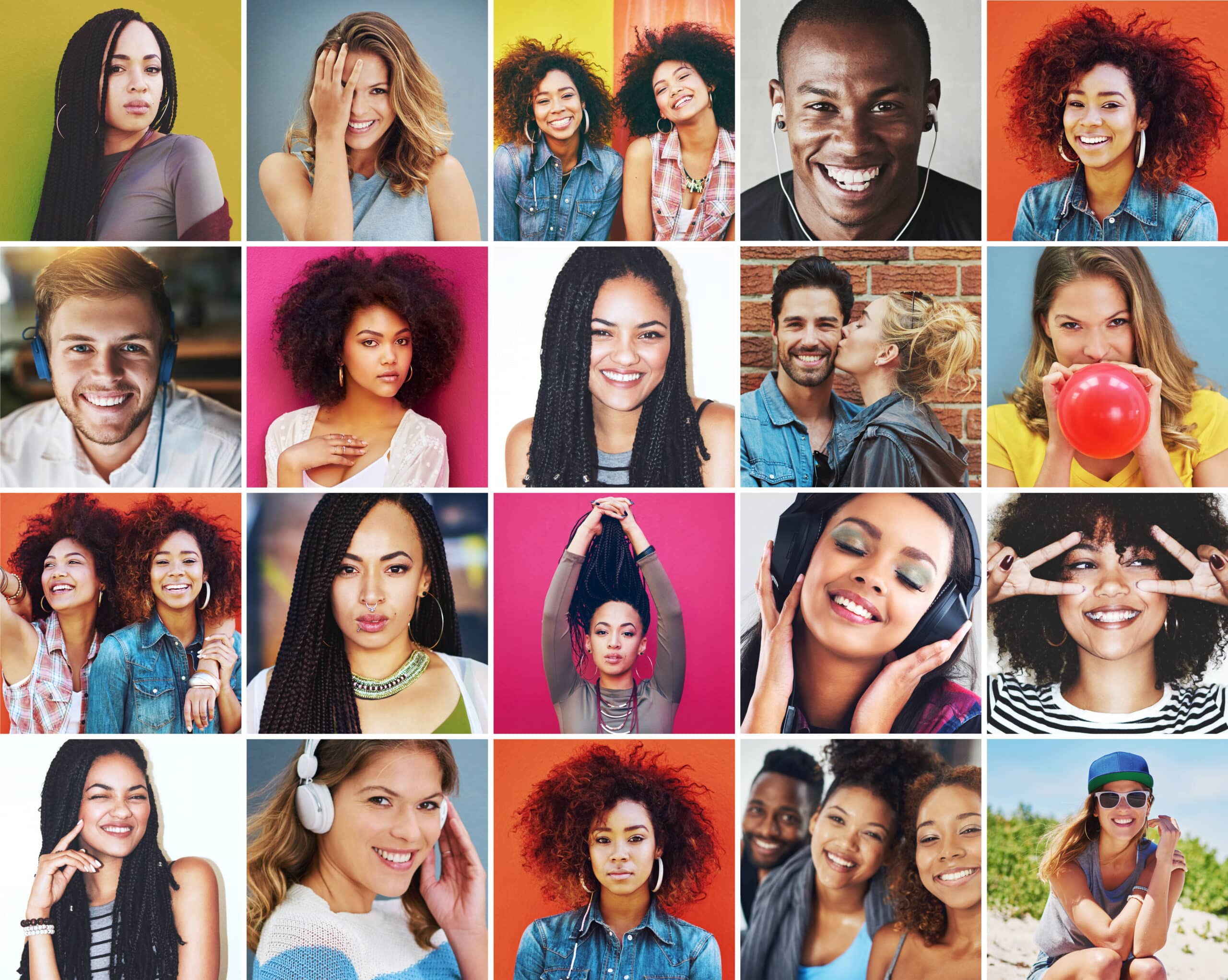 A collage of diverse young adults smiling, laughing, and posing against colorful backgrounds—perfect for advertising Ireland small business—with solo portraits, pairs, groups, and fun activities like listening to music and blowing a balloon.