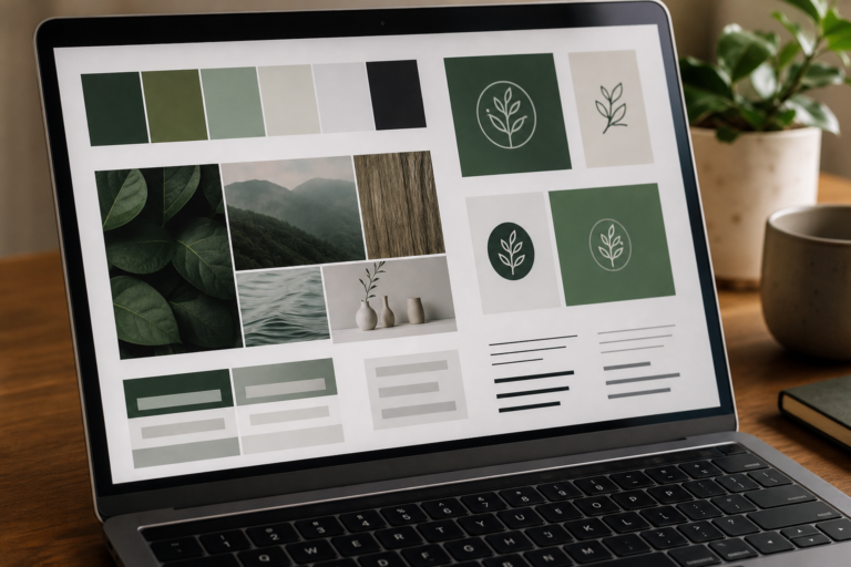 A laptop screen displaying a brand style guide featuring a green and neutral color palette, leaf-themed icons, and landscape photography.