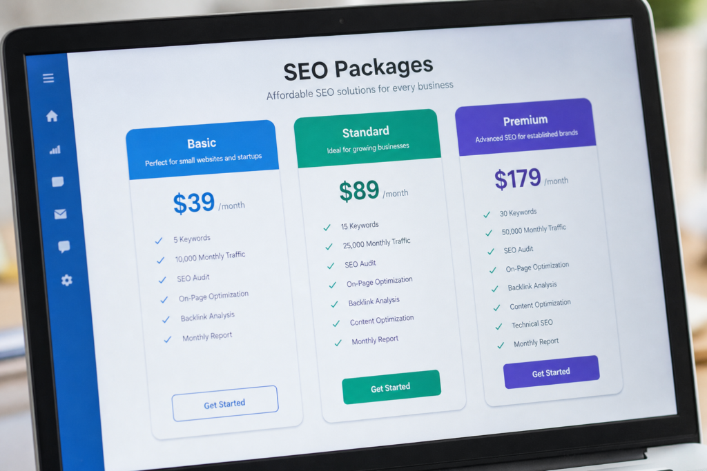 A laptop screen displaying three SEO service pricing plans: Basic for $39/month, Standard for $89/month, and Premium for $179/month, each listing specific features and a Get Started button.