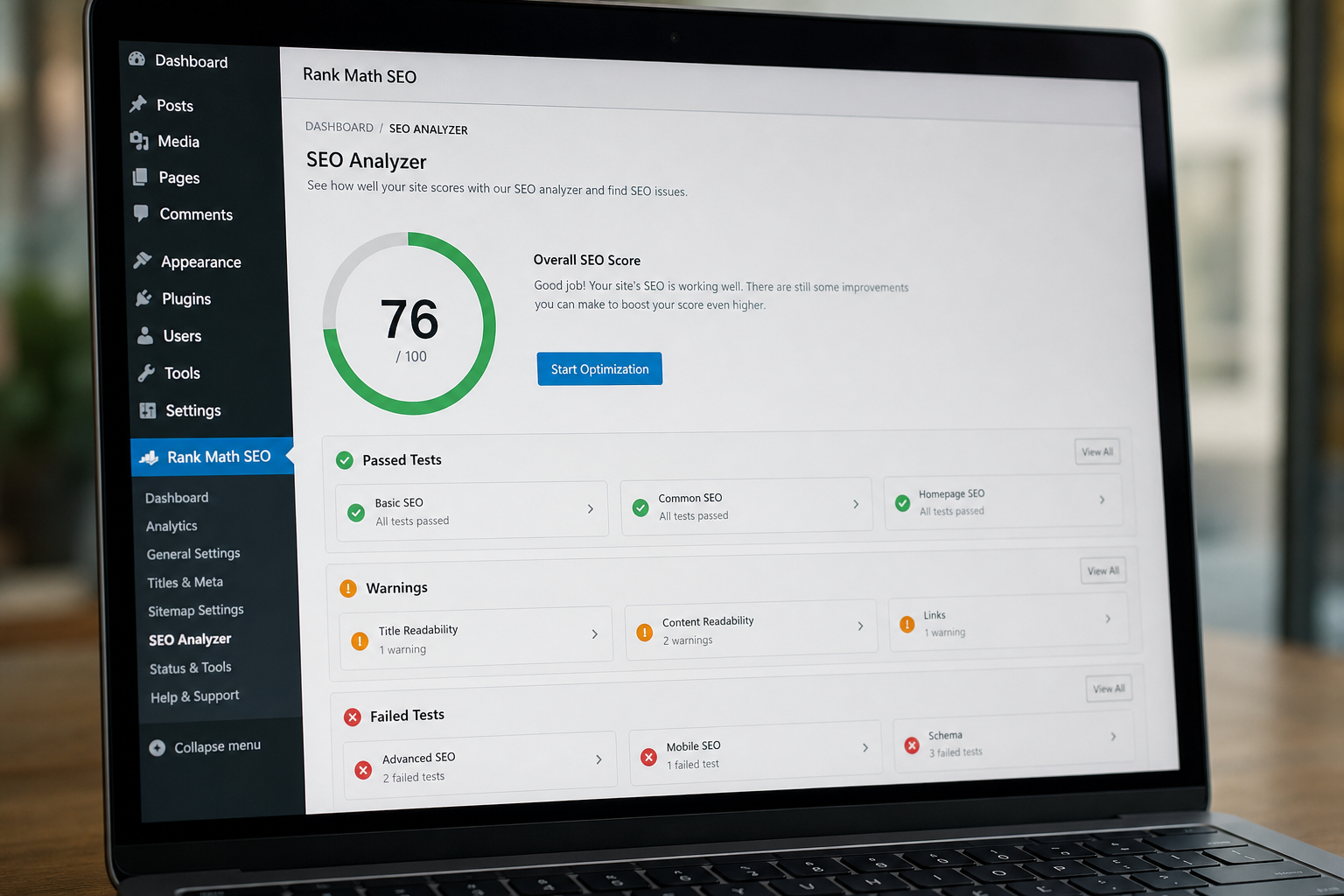 Laptop screen displaying the Rank Math SEO dashboard showing an overall SEO score of 76, along with a list of passed tests, warnings, and failed tests.
