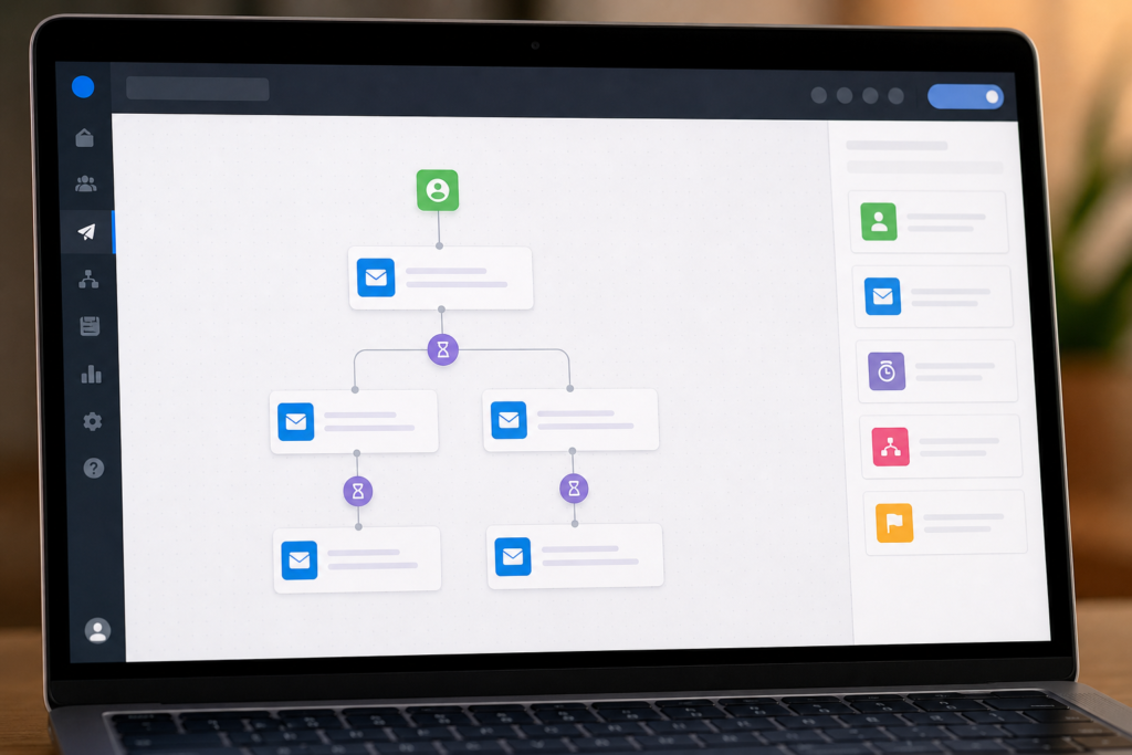 A laptop screen displaying an email automation workflow builder with a branching flowchart connecting user, email, and delay icons.