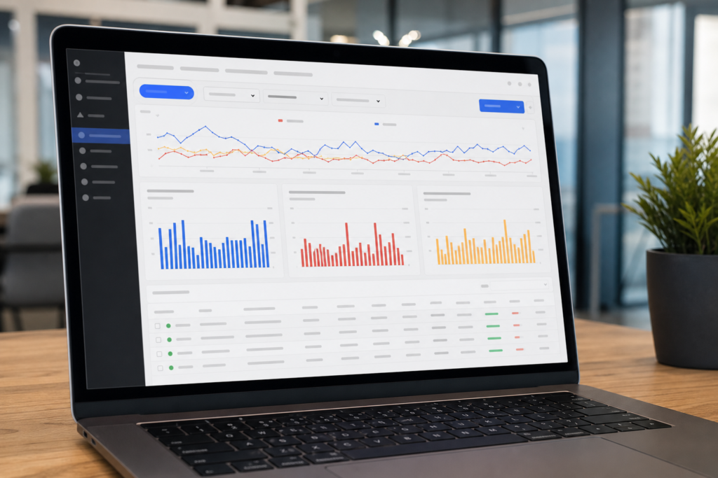 A laptop screen displaying a data analytics dashboard with line graphs, bar charts, and a status list.