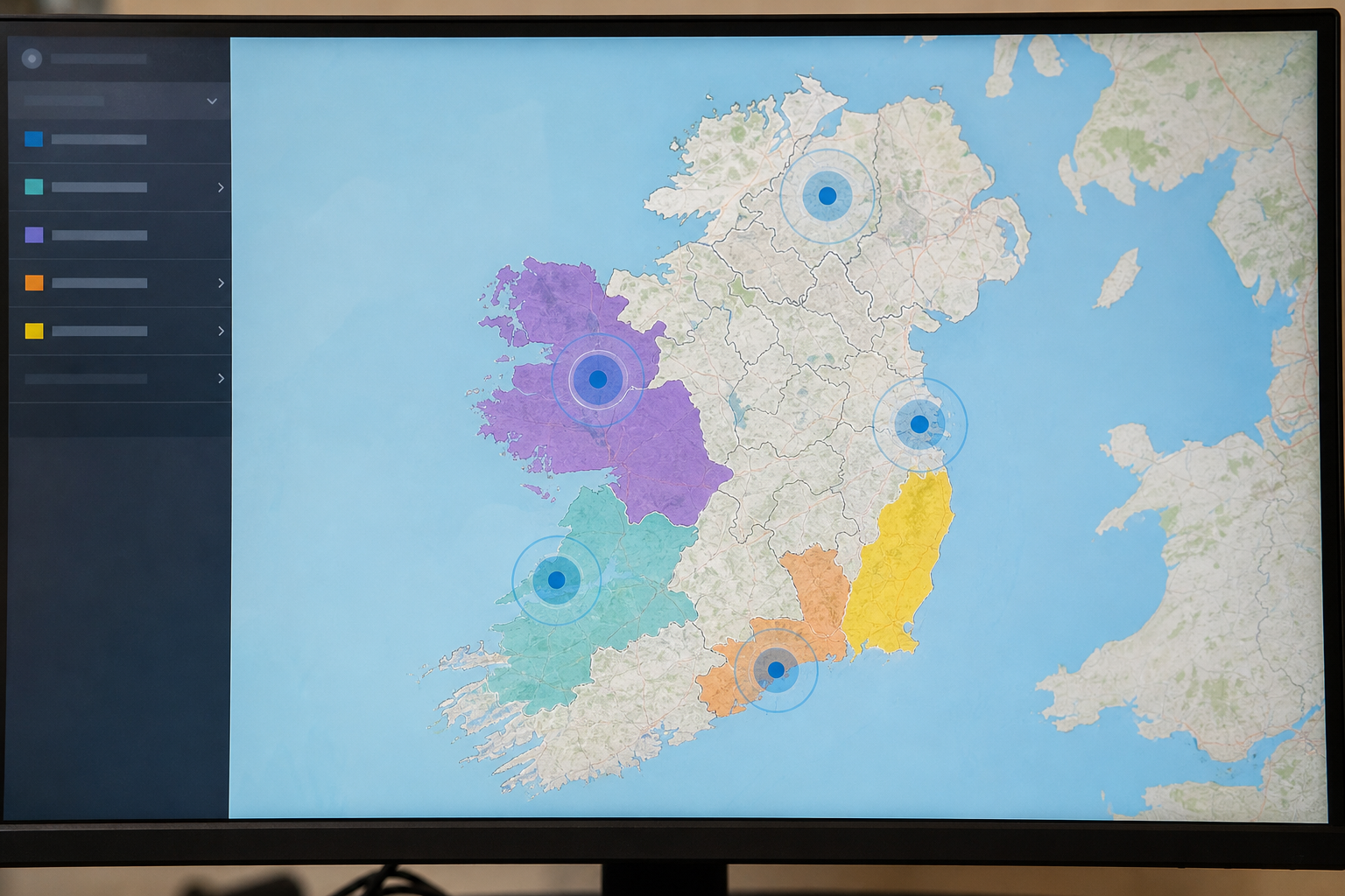 Map of Ireland on a screen with campaign targeting zones highlighted around towns and counties