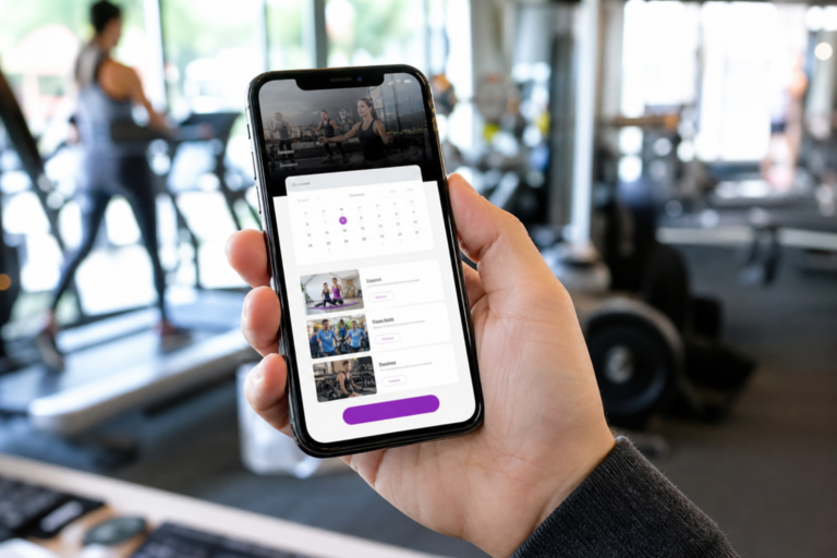 A hand holds a smartphone displaying a fitness app with workout videos and a calendar interface in a gym setting.