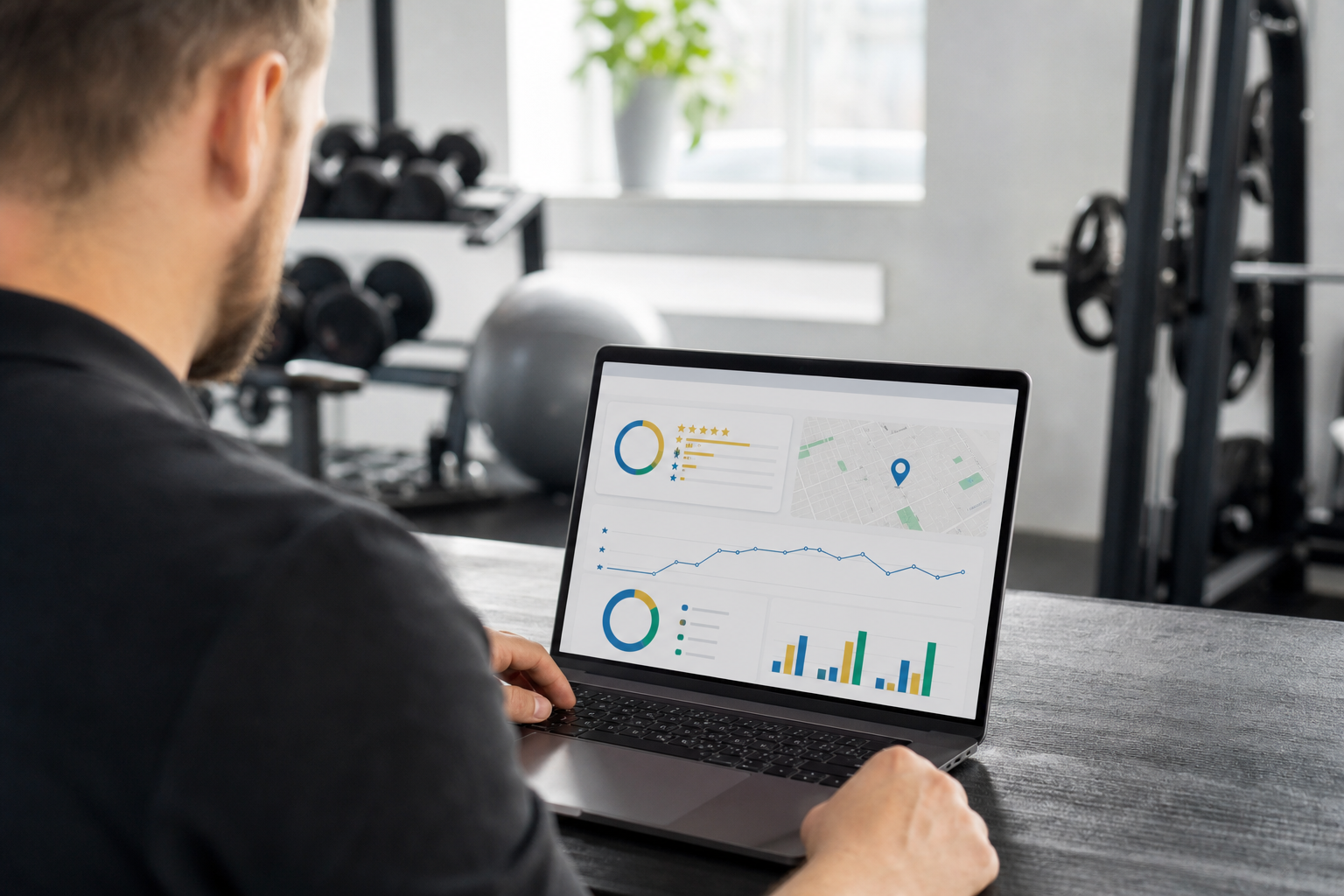 A laptop showing a Google Business Profile dashboard for a fitness studio with reviews insights and map pack ranking visible