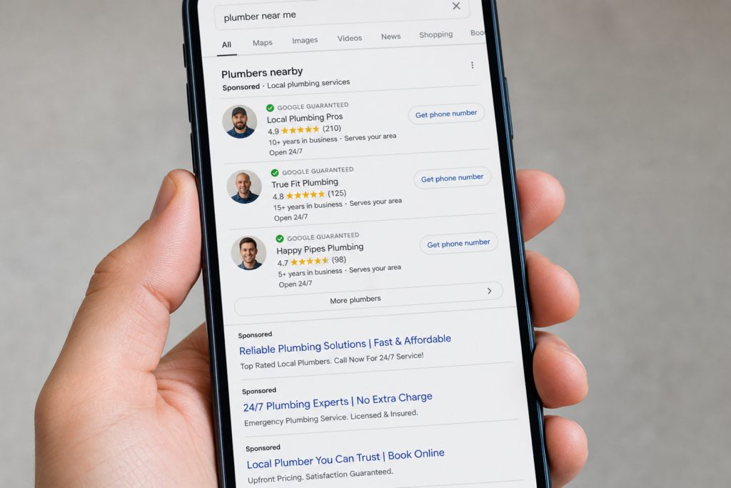 A smartphone screen displaying Google search results for plumbers near me, showing a list of sponsored local plumbing businesses with ratings, reviews, and contact buttons.