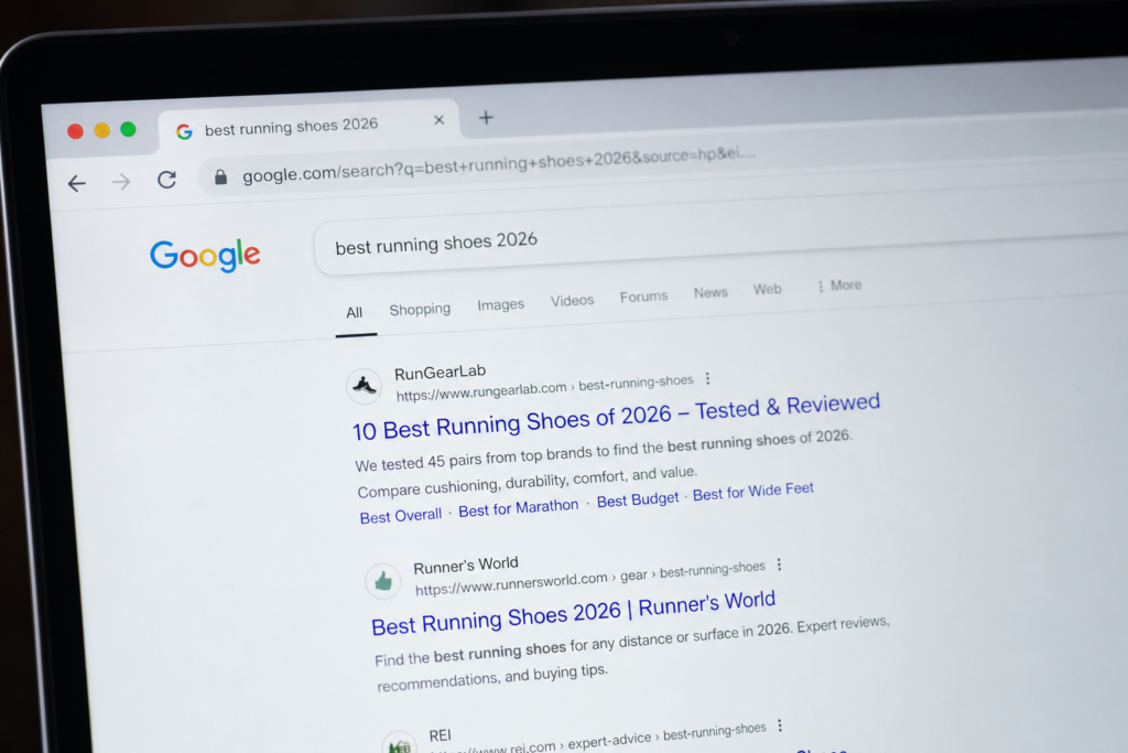 A laptop screen displaying a Google search results page for best running shoes 2026, showing articles from RunGearLab and Runners World.