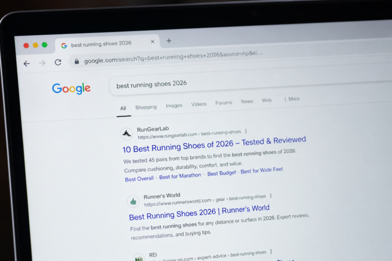 A laptop screen displaying a Google search results page for best running shoes 2026, showing articles from RunGearLab and Runners World.