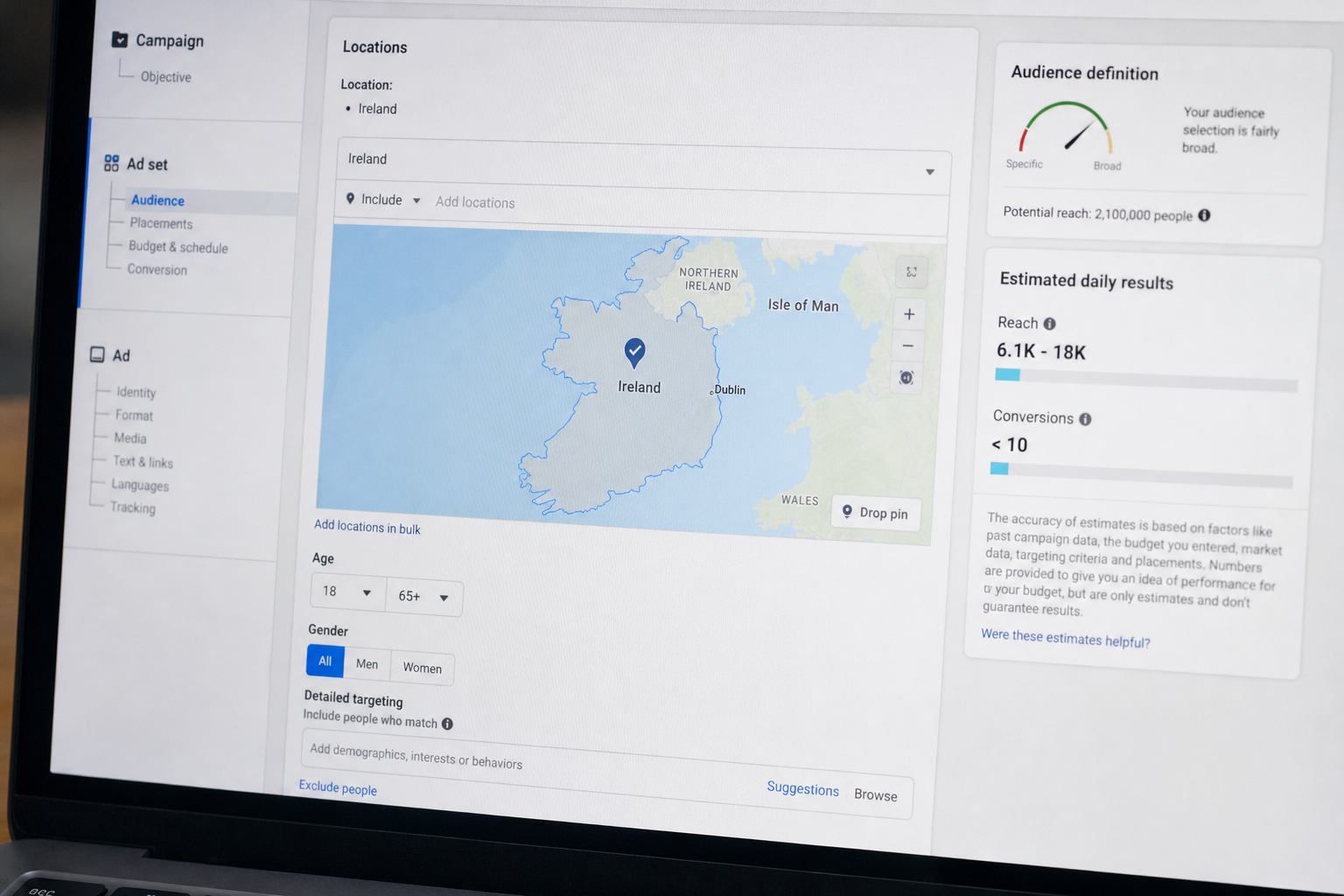Digital marketing interface showing audience targeting settings, including a map of Ireland, age and gender filters, and estimated daily reach metrics.