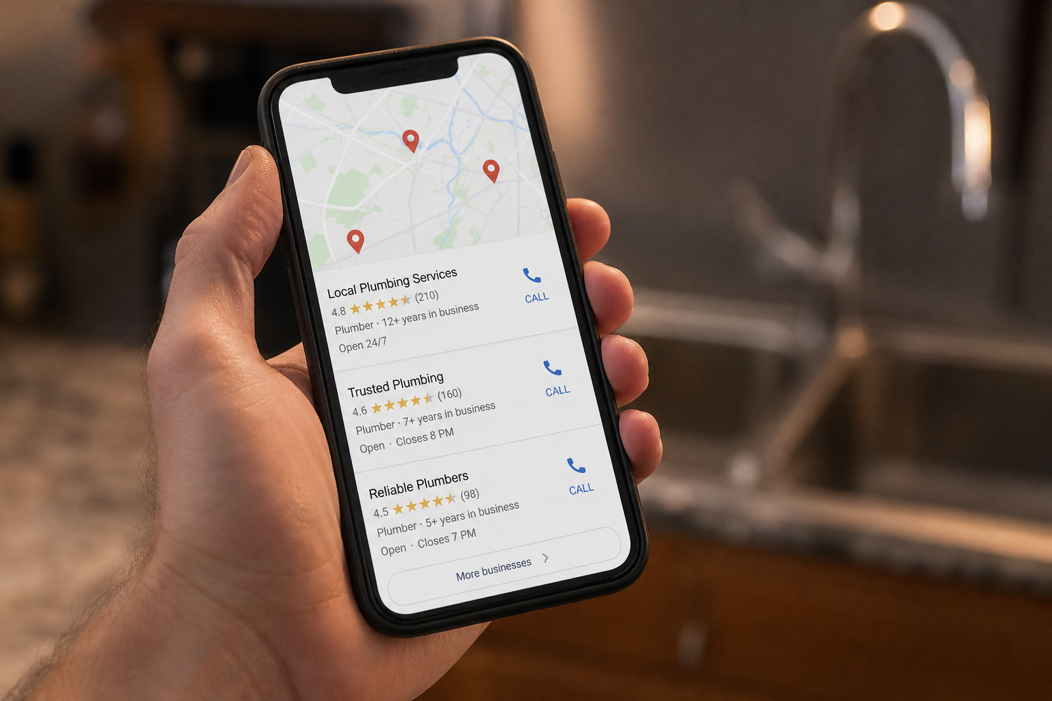 A hand holds a smartphone displaying a map interface with a list of three local plumbing services, their ratings, and call buttons.