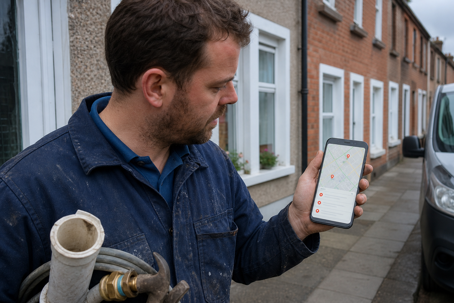 A man in a work jacket holds a smartphone displaying a map application while carrying a pipe fitting and hose.