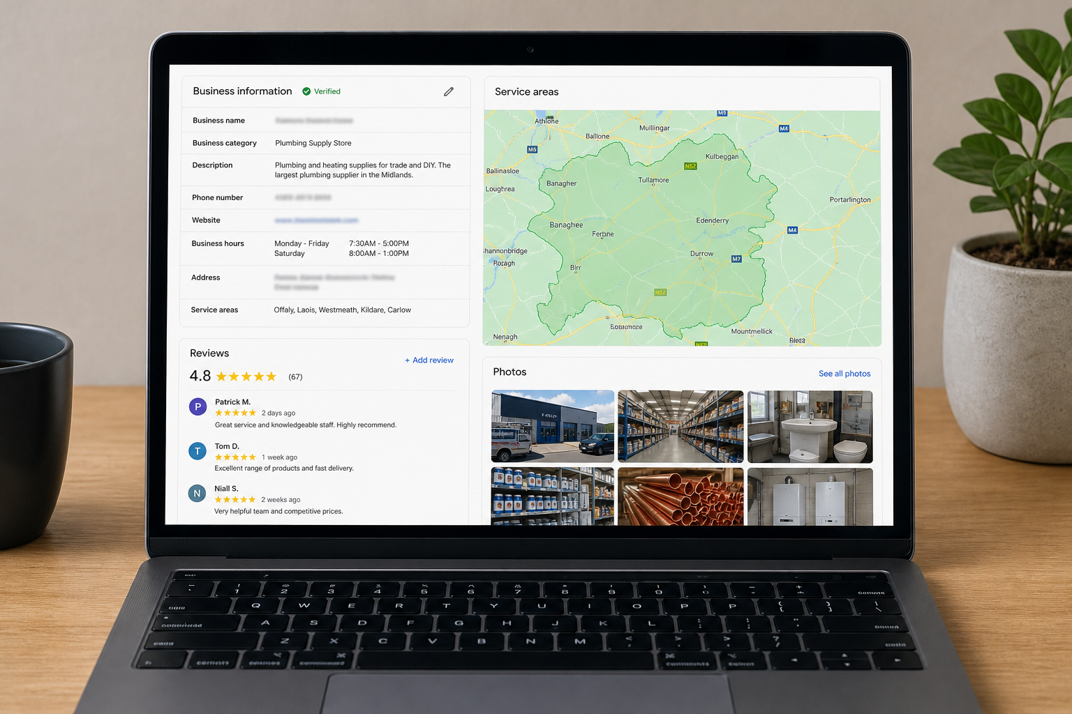 Annotated Google Business Profile listing for an Irish trade business showing categories, service area and photos