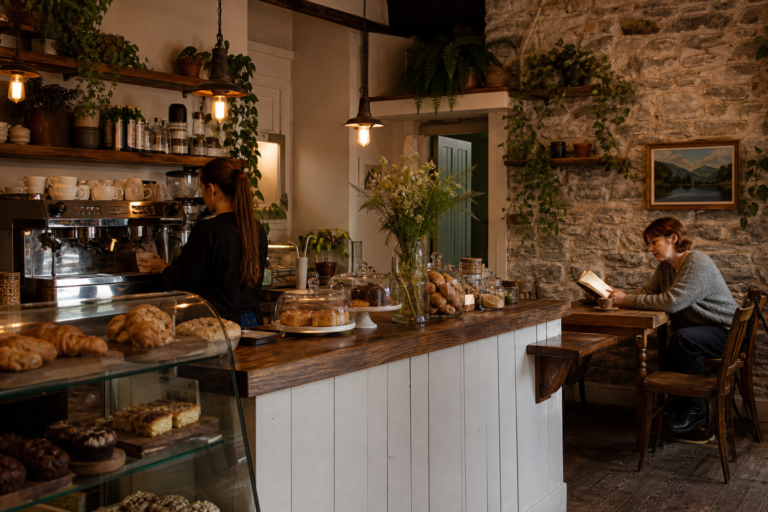 A barista operates an espresso machine behind a wooden counter filled with pastries, while a woman reads a book at a table in the stone-walled cafe.