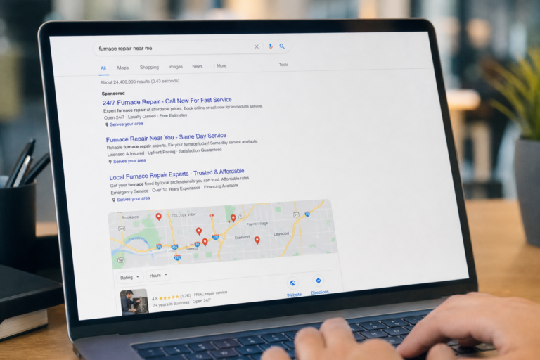 A laptop screen displaying Google search results for furnace repair near me, featuring sponsored listings and a local map with service locations.
