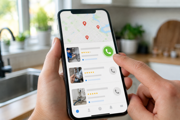 A person holds a smartphone displaying a search results page for plumbing services, featuring a map with location pins and a list of local professionals with ratings and call buttons.